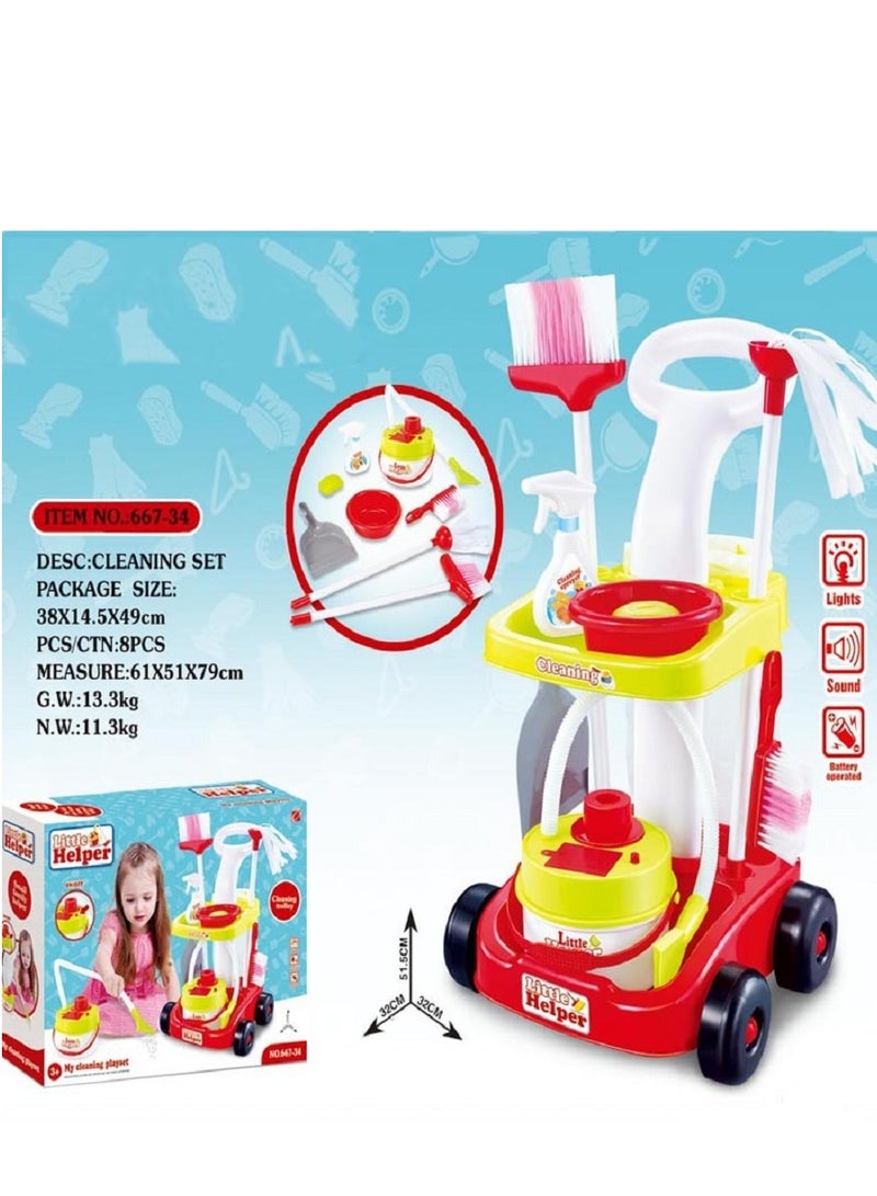 Cleaning Trolley Inspired Toy Playset with Working Hand Vacuum with Accessories