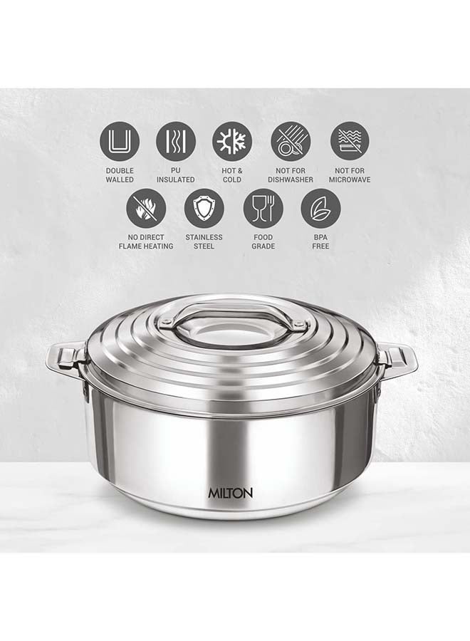 2500ml Casserole with Lid, Double-Walled Insulated Stainless Steel Hotpot, Keeps Food Hot/Cold for Hours, Perfect for Serving Chapati, Roti, Biryani and More - Galaxia Silver 2.6 qtml