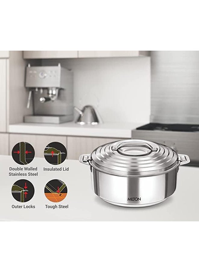 2500ml Casserole with Lid, Double-Walled Insulated Stainless Steel Hotpot, Keeps Food Hot/Cold for Hours, Perfect for Serving Chapati, Roti, Biryani and More - Galaxia Silver 2.6 qtml