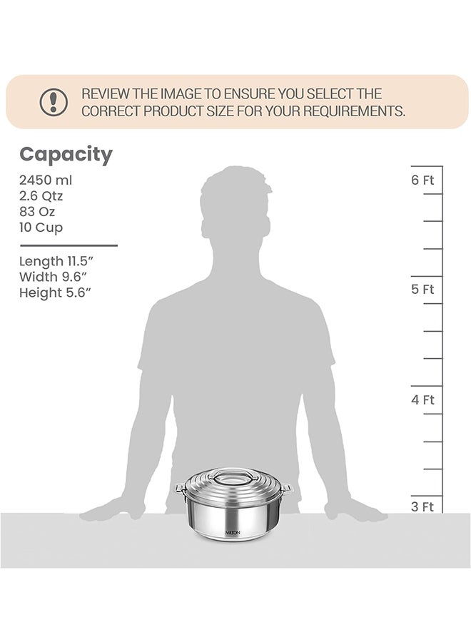 2500ml Casserole with Lid, Double-Walled Insulated Stainless Steel Hotpot, Keeps Food Hot/Cold for Hours, Perfect for Serving Chapati, Roti, Biryani and More - Galaxia Silver 2.6 qtml