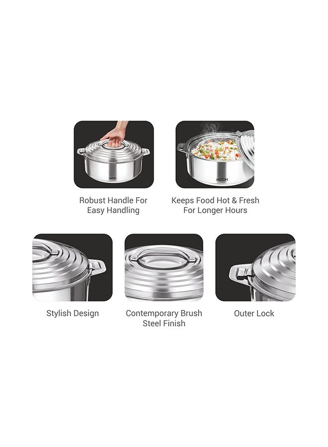 2500ml Casserole with Lid, Double-Walled Insulated Stainless Steel Hotpot, Keeps Food Hot/Cold for Hours, Perfect for Serving Chapati, Roti, Biryani and More - Galaxia Silver 2.6 qtml