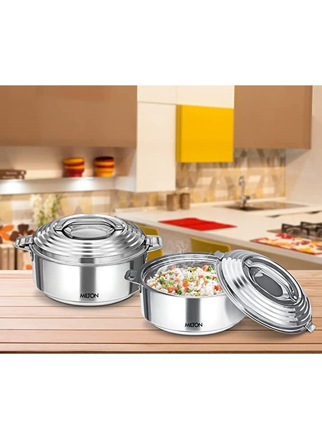 2500ml Casserole with Lid, Double-Walled Insulated Stainless Steel Hotpot, Keeps Food Hot/Cold for Hours, Perfect for Serving Chapati, Roti, Biryani and More - Galaxia Silver 2.6 qtml