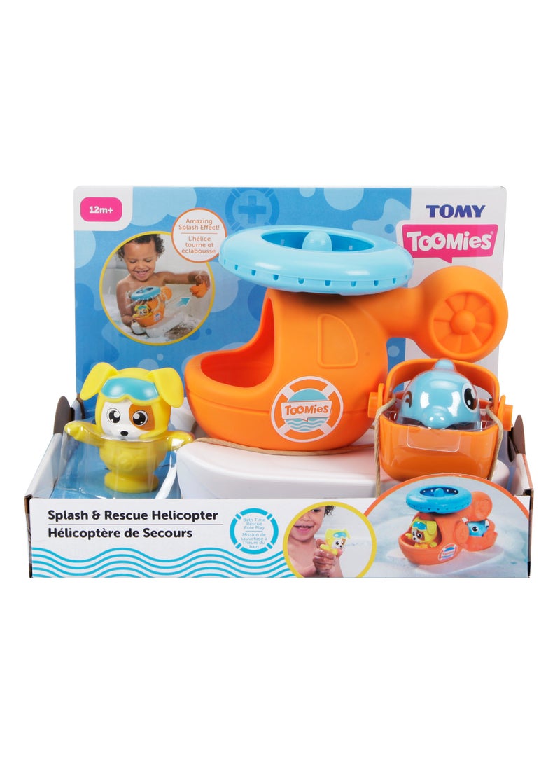 Toomies Tomy Splash & Rescue Helicopter Water Spinning Bath Floating Toy - Ocean Rescue Action with Squirting Pilot, Pouring Dolphin, and 360° Rotor Spray - Multi-colored