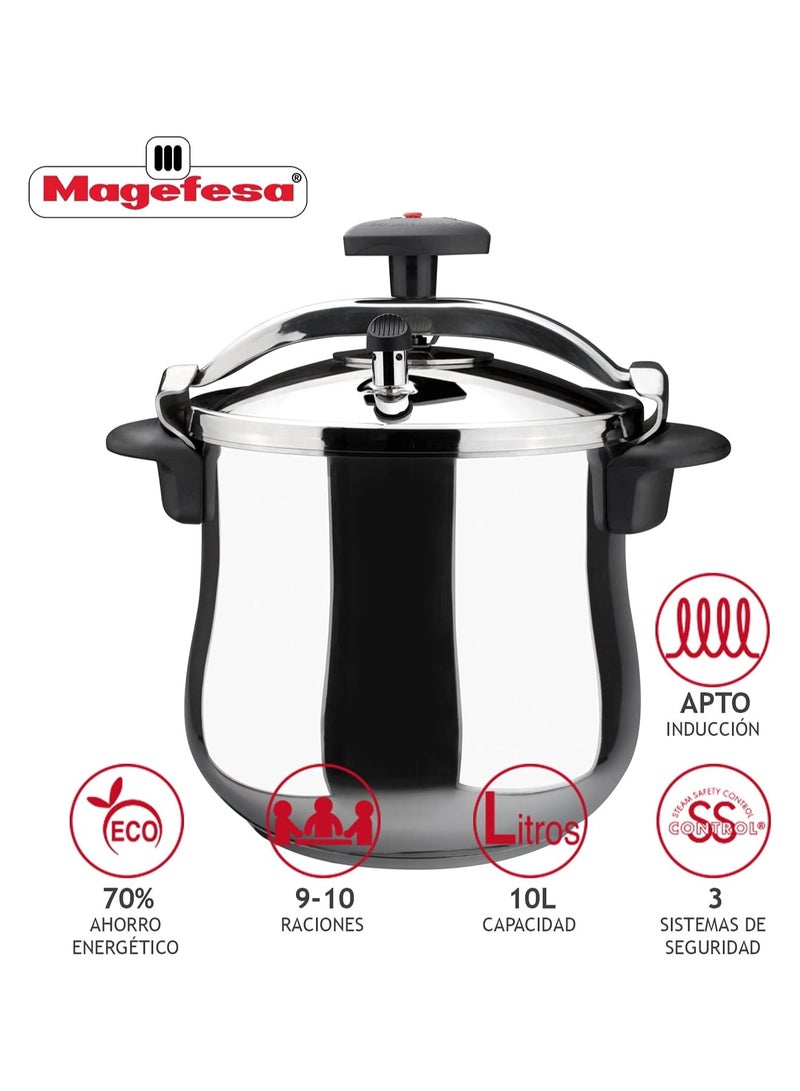 10Liters Magefesa - Pressure cooker Magefesa 01OPSTABO10 Stainless steel 10 Litre |Made from 18/10 stainless steel, highly wear-resistant, 5-layer thermal diffuser base Black, Stainless Steel