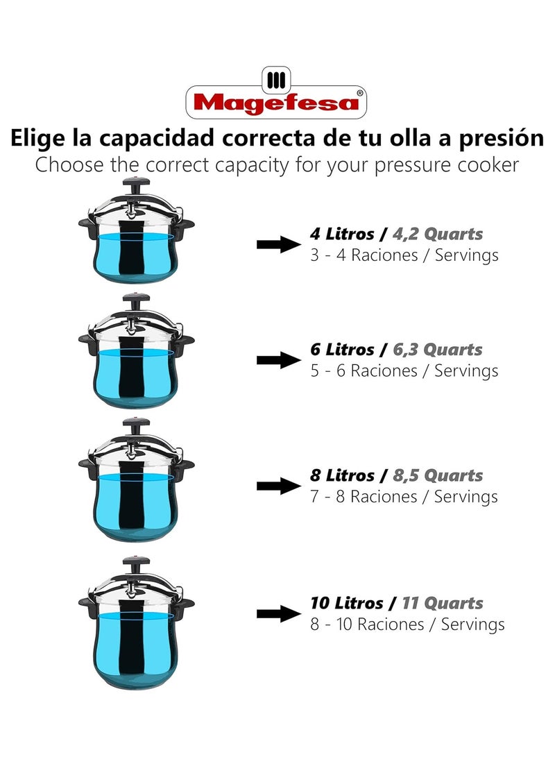 10Liters Magefesa - Pressure cooker Magefesa 01OPSTABO10 Stainless steel 10 Litre |Made from 18/10 stainless steel, highly wear-resistant, 5-layer thermal diffuser base Black, Stainless Steel