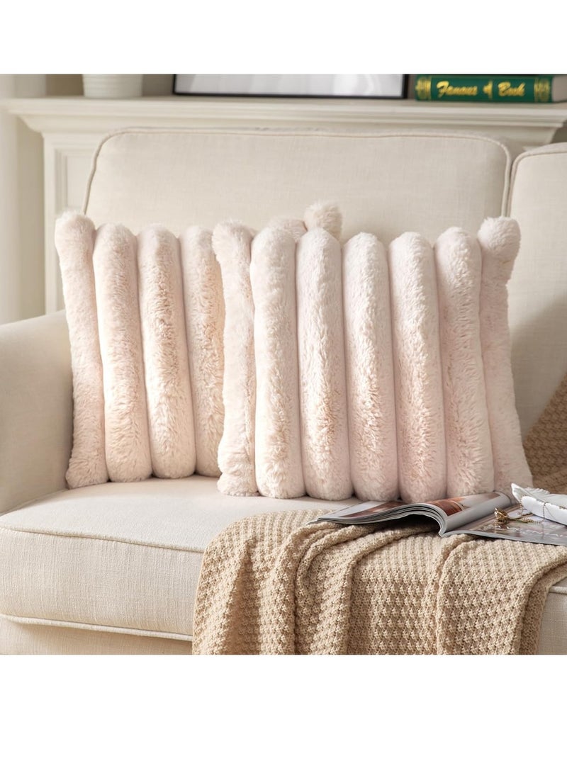 Faux Fur Plush Throw Pillow Covers 24x24 Inch Set of 2 - Luxury Decorative Fuzzy Striped Soft Cozy Pillowcase for Couch, Sofa, Living Room - Beige
