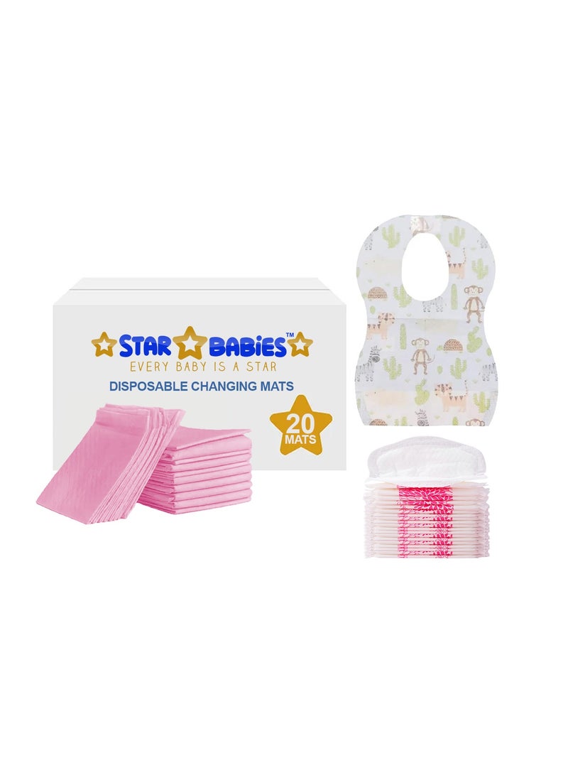 Star Babies Combo Pack (Changing mat 20pcs, Breast Pad 20pcs, Disposable Bibs 20pcs)-Pink
