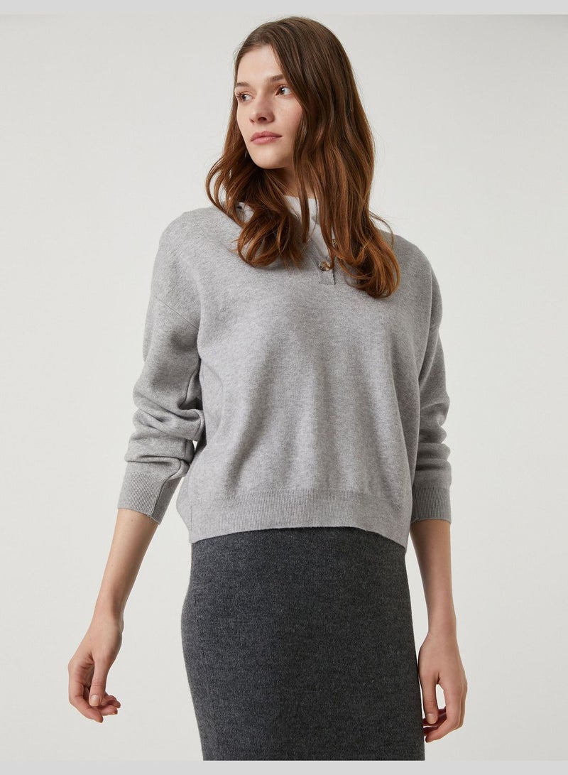 Oversized Tricot Sweater Hooded Button Neck