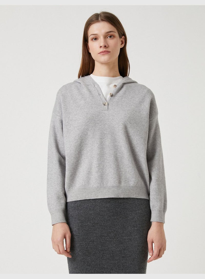 Oversized Tricot Sweater Hooded Button Neck