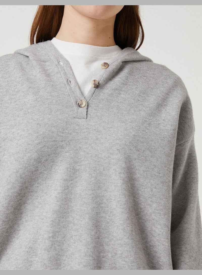 Oversized Tricot Sweater Hooded Button Neck