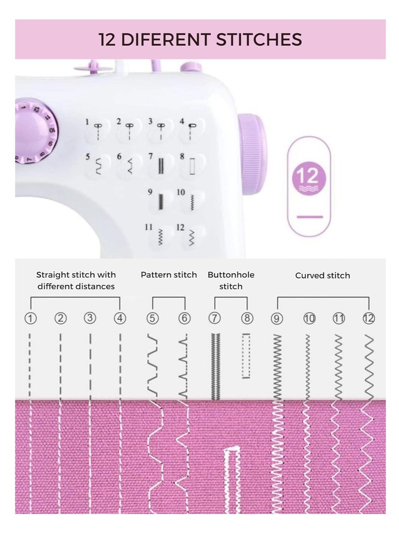 Mini Sewing Machine for Beginner, Portable Sewing Machine, 12 Built-in Stitches Small Sewing Machine Double Threads and Two Speed Multi-function Mending Machine with Foot Pedal for Kids