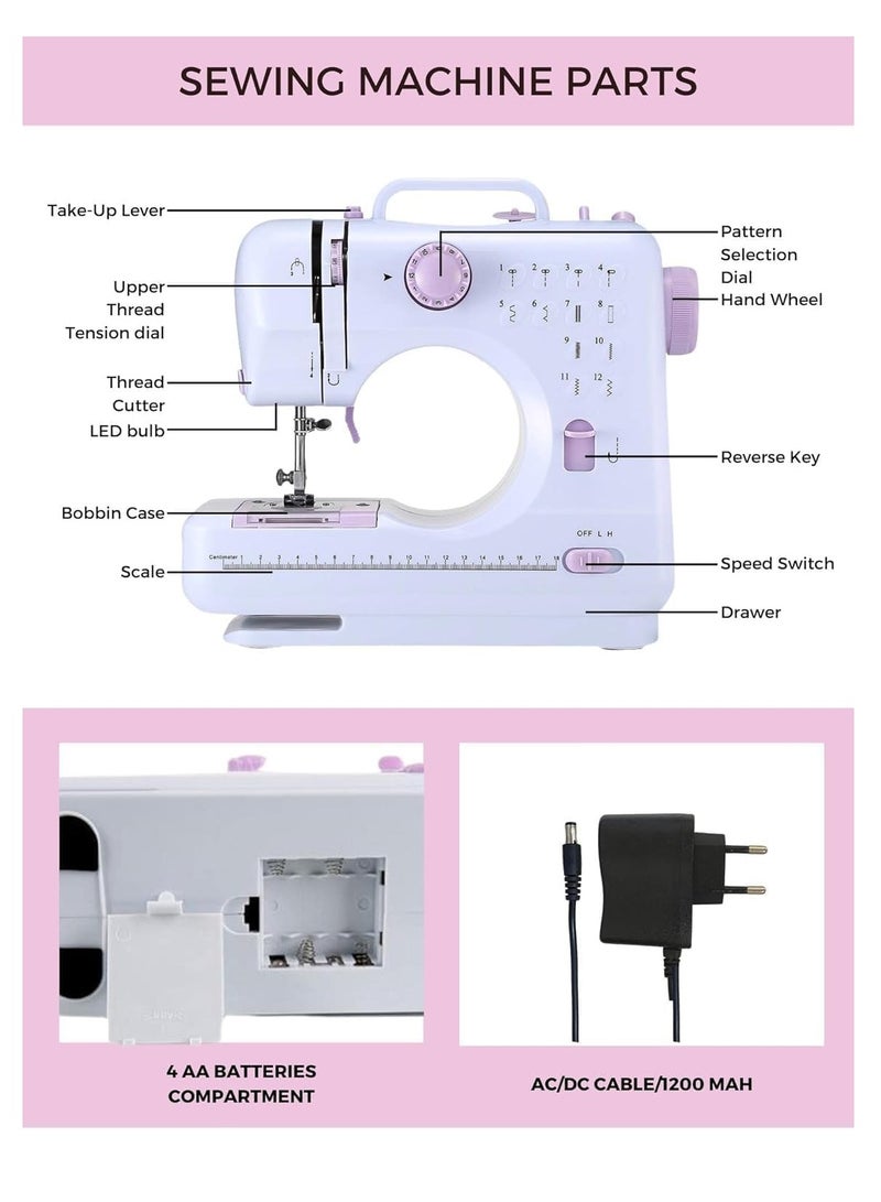 Mini Sewing Machine for Beginner, Portable Sewing Machine, 12 Built-in Stitches Small Sewing Machine Double Threads and Two Speed Multi-function Mending Machine with Foot Pedal for Kids