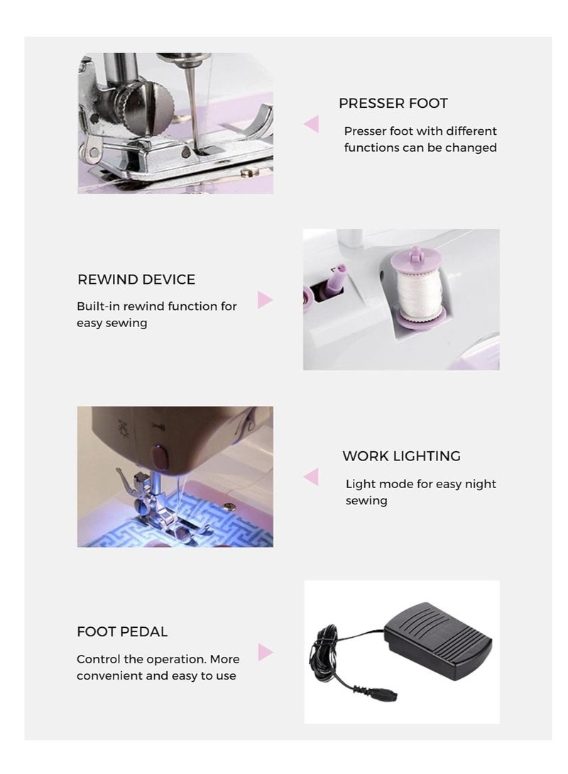 Mini Sewing Machine for Beginner, Portable Sewing Machine, 12 Built-in Stitches Small Sewing Machine Double Threads and Two Speed Multi-function Mending Machine with Foot Pedal for Kids