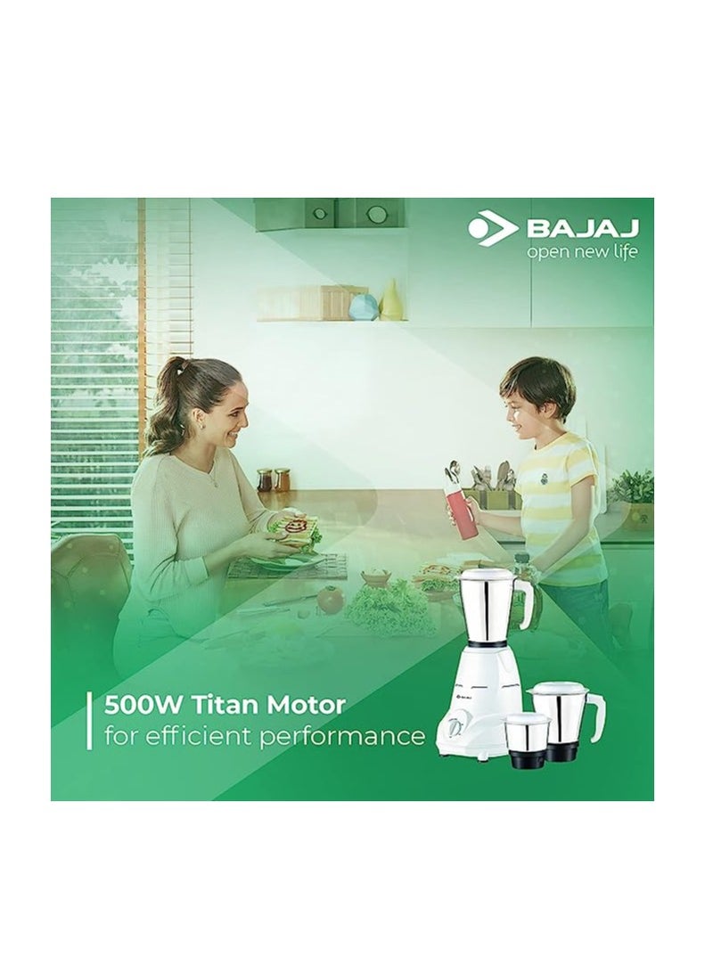 Bajaj Rex 500W Mixer Grinder with Nutri-Pro Feature, 3 Jars, White