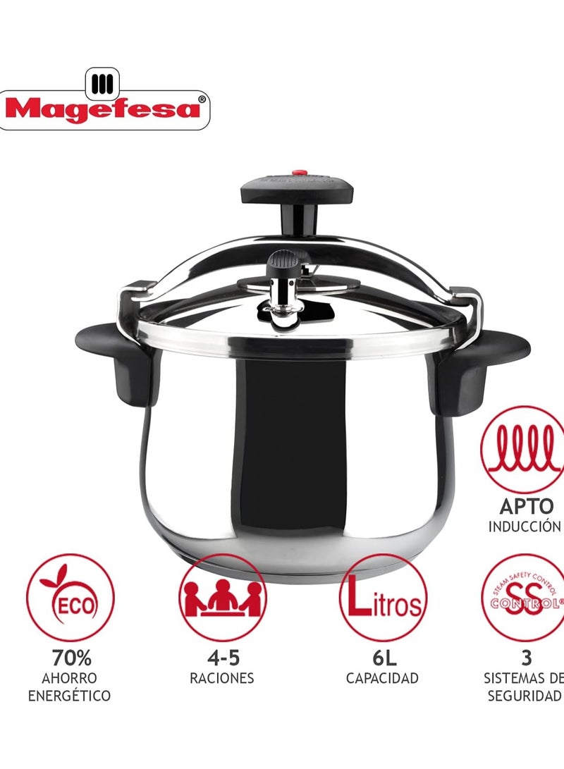 6Liters Magefesa Star – Traditional Pressure Cooker 6 l black, stainless steel |6 Litre Cooker Cookware Kitchen Pressure Cookers Black, Stainless Steel