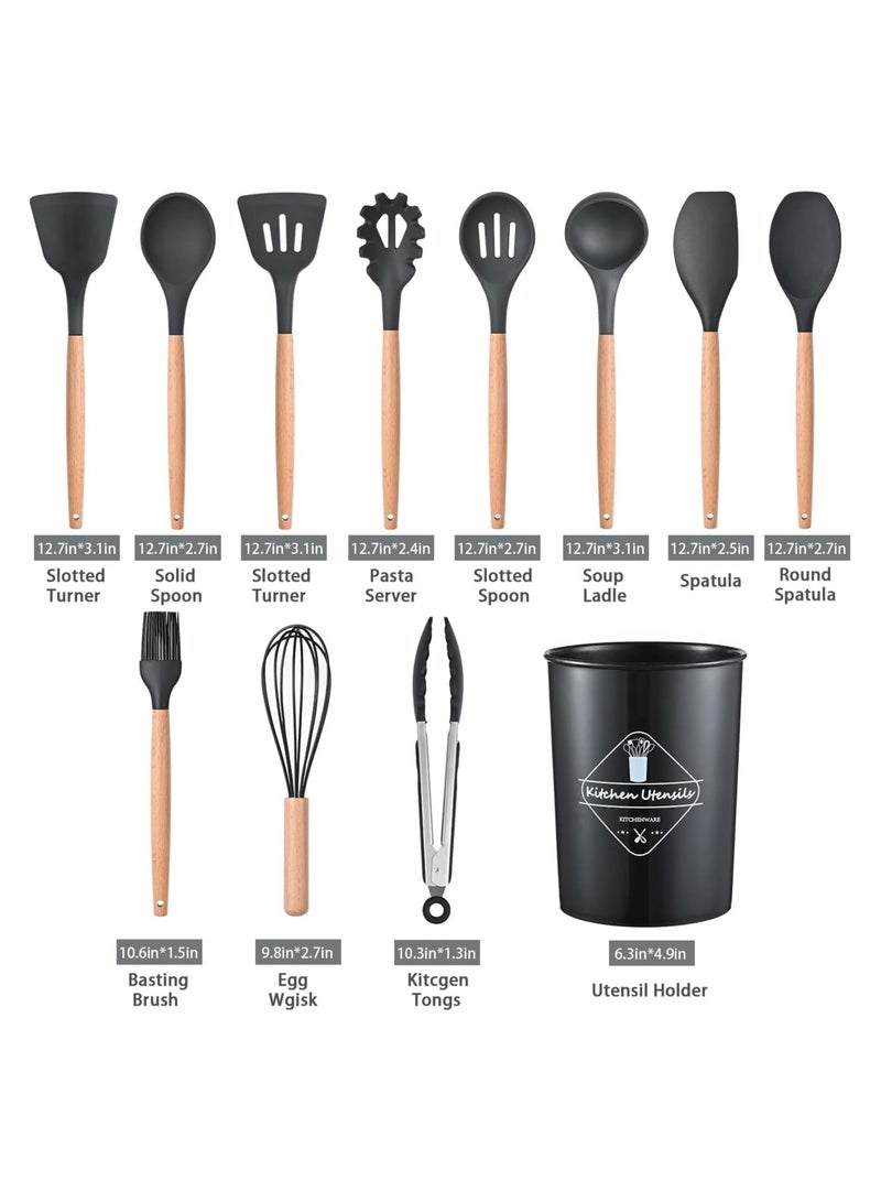 Silicone Cooking Utensil Set, Silicone Kitchen Utensil Set-12 pcs, Wooden Handles Utensils Tool for Nonstick Cookware, Non Toxic Heat Resistant Kitchen Tools Set Silicone Utensils (Black)