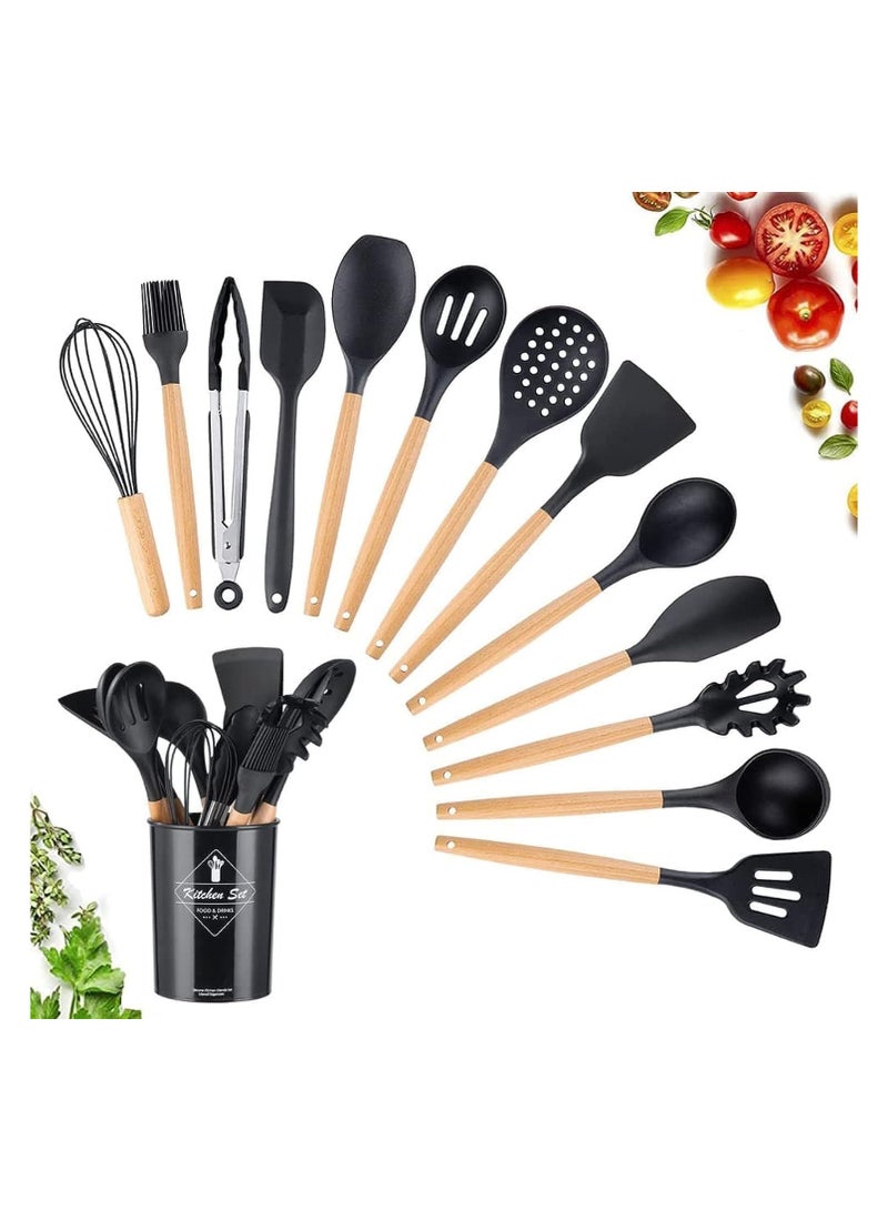 Silicone Cooking Utensil Set, Silicone Kitchen Utensil Set-12 pcs, Wooden Handles Utensils Tool for Nonstick Cookware, Non Toxic Heat Resistant Kitchen Tools Set Silicone Utensils (Black)