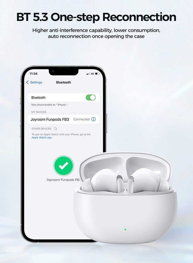 JR-FB3 In-Ear True Wireless Bluetooth V5.3 Headphones With Heavy Bass And Hifi Dual Mode 65ms Low Latency Fast Charging IP54 Waterproof With Protective Case And Charging Box White