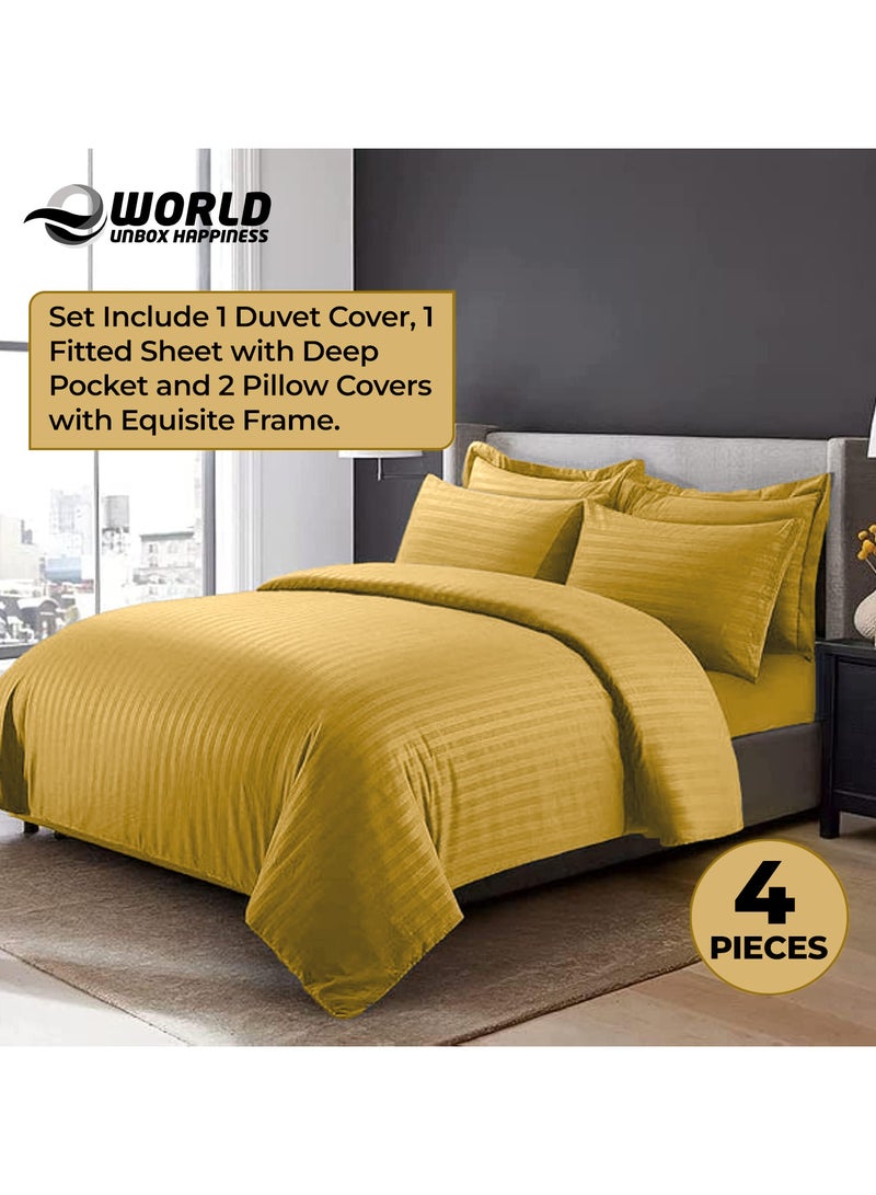 4-Piece Luxury King Size Gold Striped Bedding Set Includes 1 Duvet Cover (220x240cm), 1 Fitted Bed Sheet (200x200+30cm), and 2 Pillow Cases (48x74+5cm) for Ultimate Hotel-Inspired Sophistication