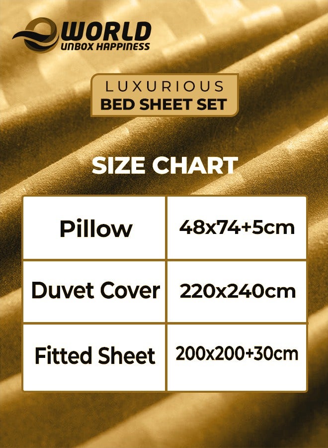 4-Piece Luxury King Size Gold Striped Bedding Set Includes 1 Duvet Cover (220x240cm), 1 Fitted Bed Sheet (200x200+30cm), and 2 Pillow Cases (48x74+5cm) for Ultimate Hotel-Inspired Sophistication