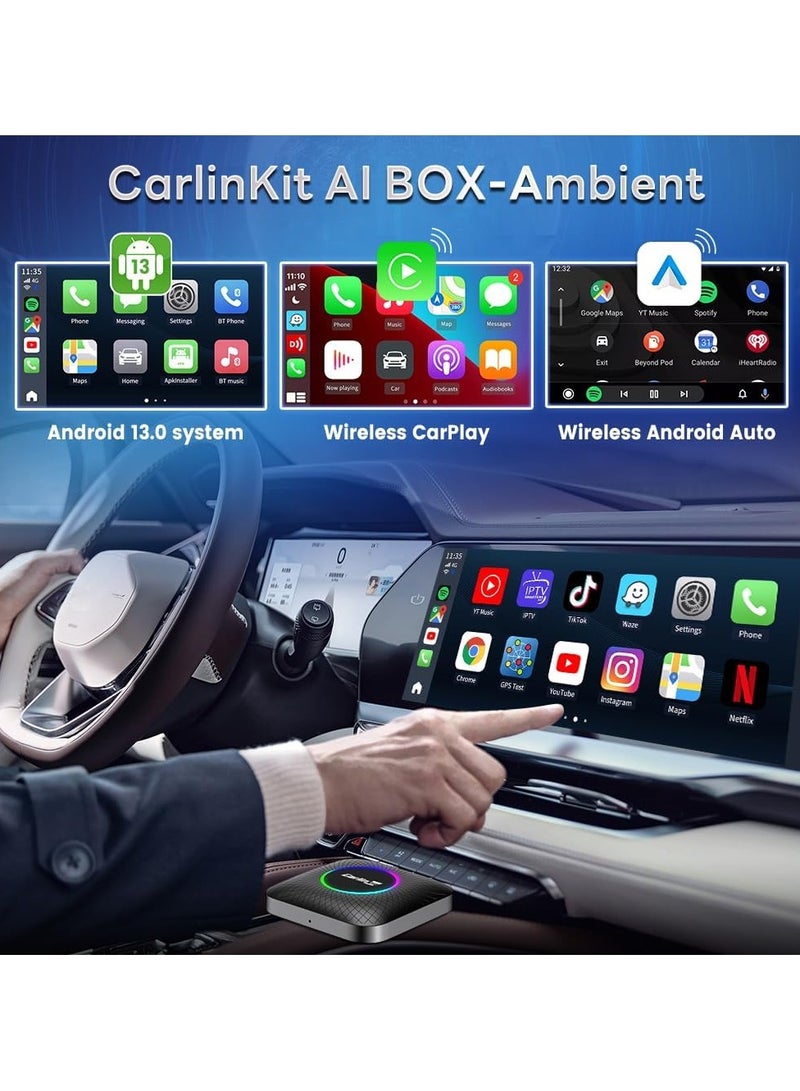 CarlinKit Wireless Carplay/Android Car AIBox LED Version, Suitable for Vehicles with Wired CarPlay, Built-in 8+128G Android 13.0, Support for YouTube, Disney+ and More!