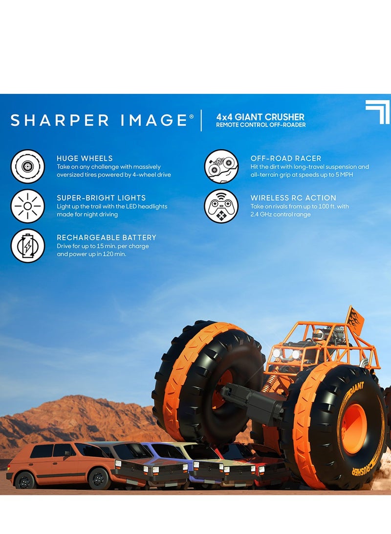 Sharper Image 4x4 Giant Crusher Remote Control 4WD Truck, Off-Road Tires, LED Headlights, Orange