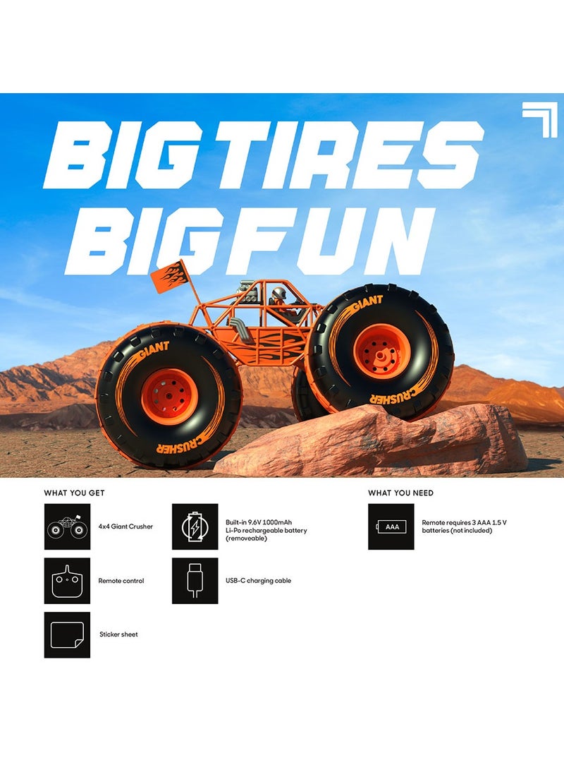 Sharper Image 4x4 Giant Crusher Remote Control 4WD Truck, Off-Road Tires, LED Headlights, Orange