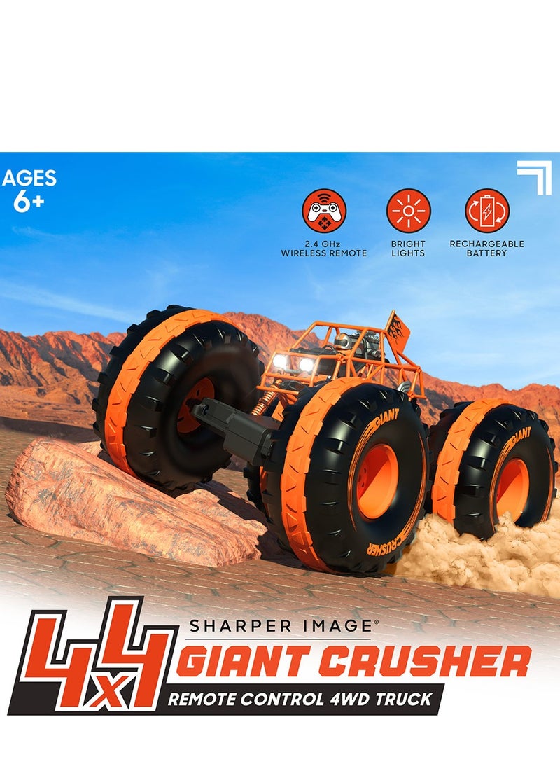 Sharper Image 4x4 Giant Crusher Remote Control 4WD Truck, Off-Road Tires, LED Headlights, Orange