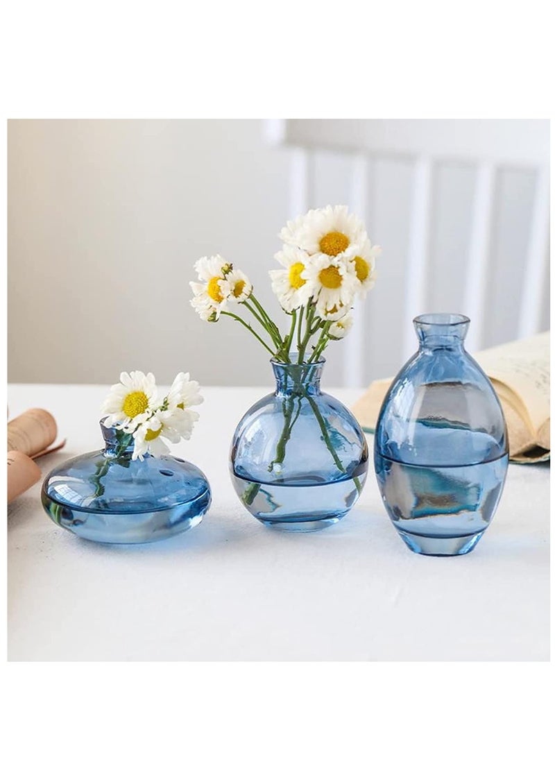 Set of 3 Glass Bud Vase Set - Blue | Mini Glass Flower Vase for Floral Arrangements | Centerpiece for Home Office,Wedding, Events,Table Decor | Gifting