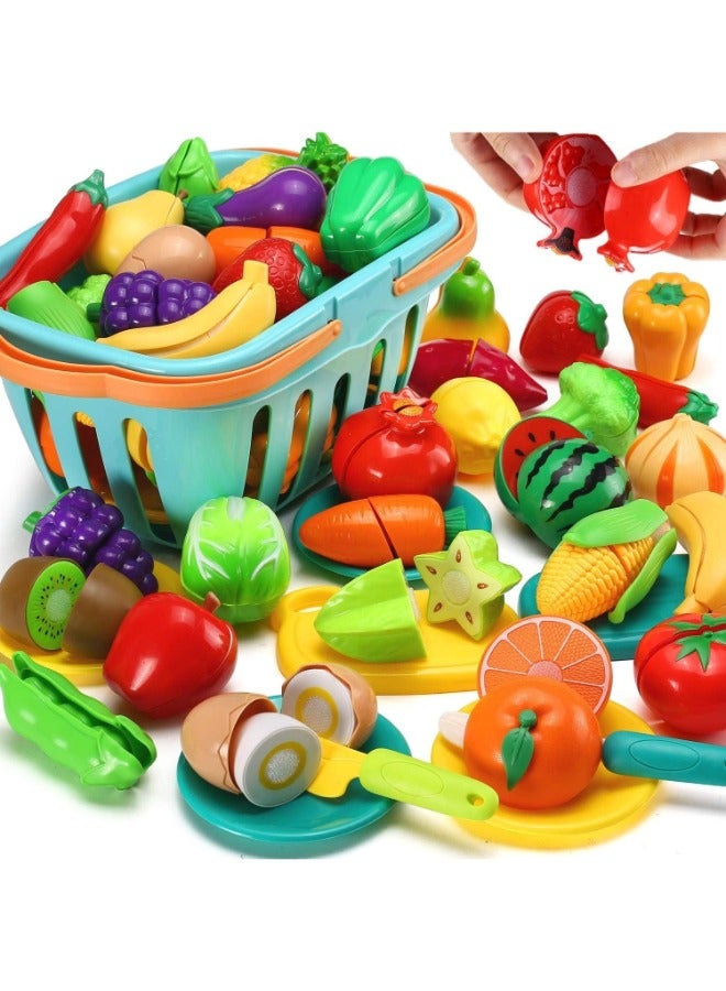 Wooden Cutting Vegetable Crate: Play Food Toy Set for Kids - Pretend Play Kitchen with Knife, Cutting Board, Colorful Fruits & Vegetables - Educational & Safe Toddler Toy for Motor Skills Development