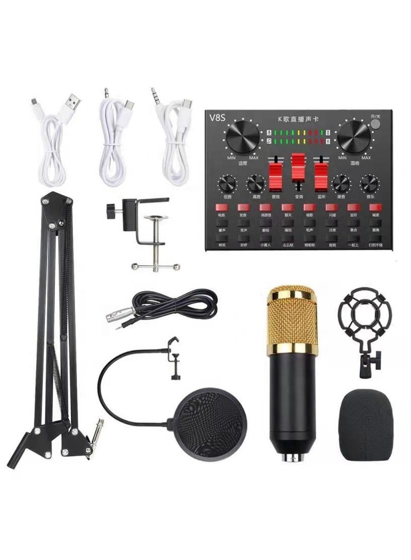 Professional Condenser Microphone With V8S Live Sound Card And Studio Recording Broadcasting Set Black/Gold