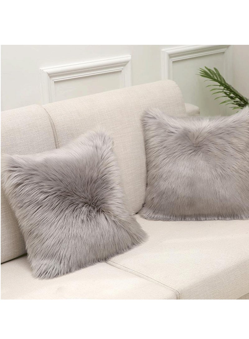 Pack of 2 Faux Fur Throw Pillow Covers - Luxury Super Soft 18x18 Inches Ultra Fluffy Sheepskin Plush Shaggy Pillowcases - Decorative Cushion Cases for Bed, Couch, Sofa, Living Room