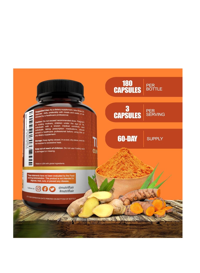 Turmeric Curcumin with Ginger & BioPerine Black Pepper Supplement 2250mg, 180 CAPSULES - Anti-Inflammatory, Antioxidant, Anti Aging - 100% Natural, Non-GMO, Vegan Best Maximum Potency, No Side Effects