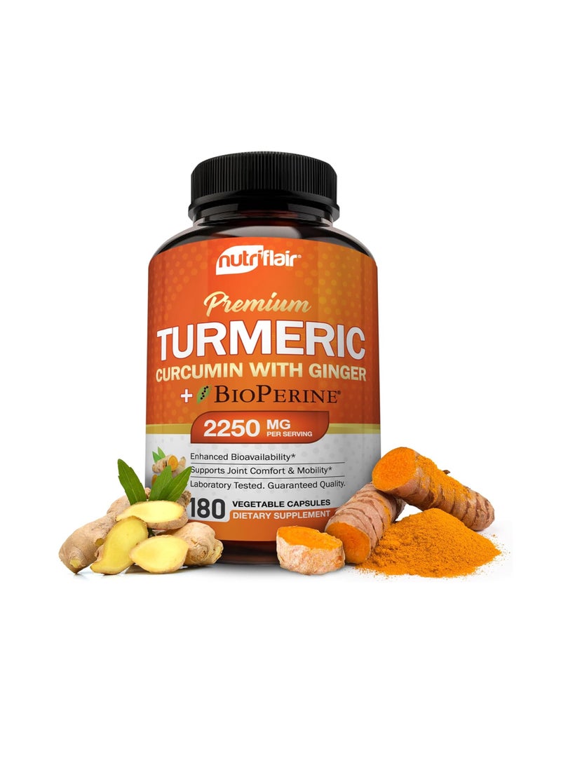 Turmeric Curcumin with Ginger & BioPerine Black Pepper Supplement 2250mg, 180 CAPSULES - Anti-Inflammatory, Antioxidant, Anti Aging - 100% Natural, Non-GMO, Vegan Best Maximum Potency, No Side Effects