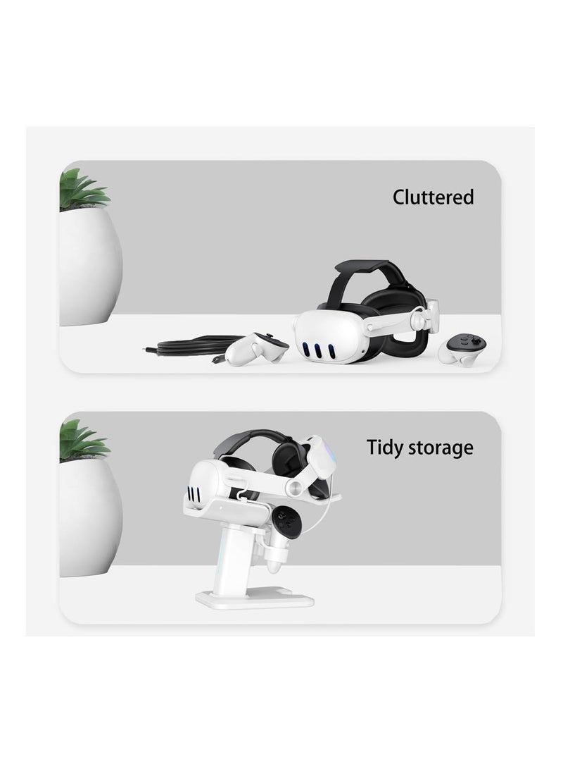 For Meta Quest 3S/ Quest 3 Headset Charging Dock, VR Display Stand Accessories Compatible with Meta Quest 3 VR Headset and Touch Controllers, Station Holder Base with LED Light, White