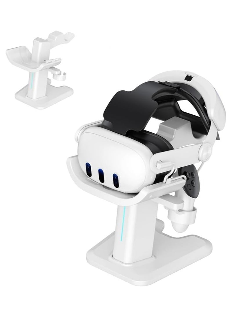 For Meta Quest 3S/ Quest 3 Headset Charging Dock, VR Display Stand Accessories Compatible with Meta Quest 3 VR Headset and Touch Controllers, Station Holder Base with LED Light, White