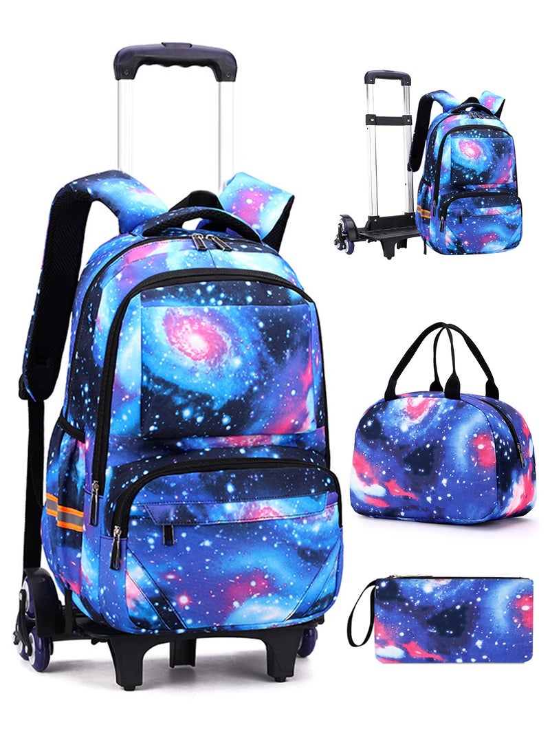 Kids Rolling Backpacks Galaxy Printed Trolley School Bags Set Large Capacity Wheeled Kids' Luggage Bag for Elementary Boys Girls Schoolbag with Lunch Bag and Pencil Case