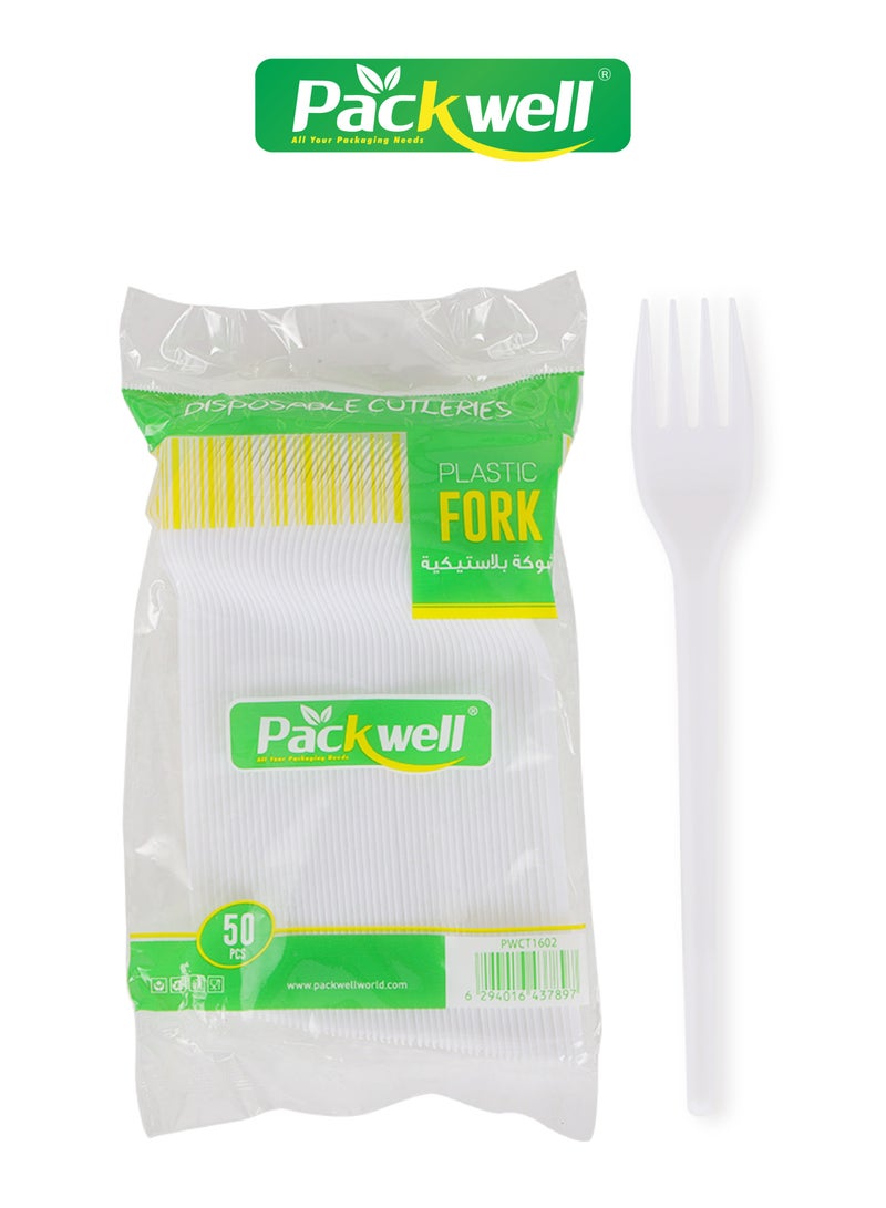 Plastic Normal Fork- PWCT1602| 50 Pieces. 2.3 Grams Each, Premium-Quality, BPA-Free, Food grade and Hygienic| Perfect for Parcels, Large Gatherings, Takeout, Etc| White