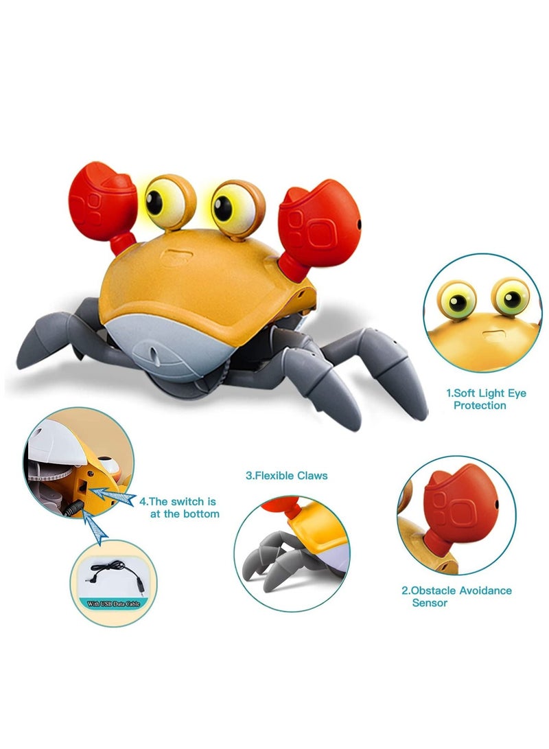 Crawling Crab Baby Toy with Music and LED Light Up for Kids, Toddler Interactive Learning Development Toy with Automatically Avoid Obstacles, Build in Rechargeable Battery (Orange)