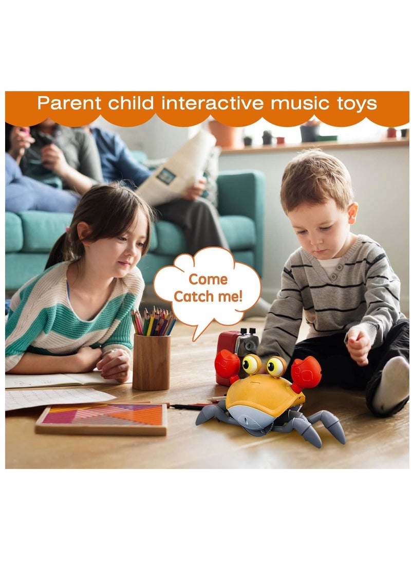 Crawling Crab Baby Toy with Music and LED Light Up for Kids, Toddler Interactive Learning Development Toy with Automatically Avoid Obstacles, Build in Rechargeable Battery (Orange)