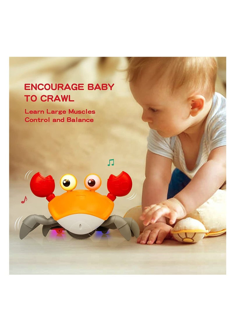 Crawling Crab Baby Toy with Music and LED Light Up for Kids, Toddler Interactive Learning Development Toy with Automatically Avoid Obstacles, Build in Rechargeable Battery (Orange)