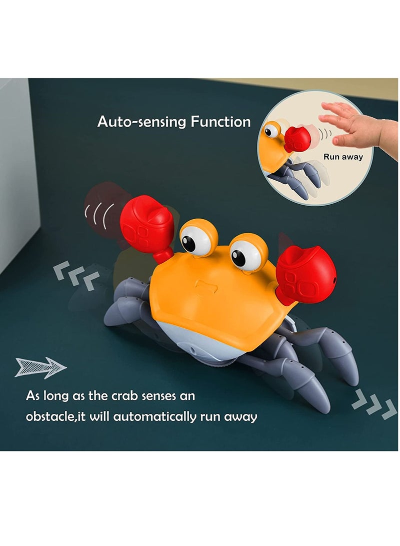 Crawling Crab Baby Toy with Music and LED Light Up for Kids, Toddler Interactive Learning Development Toy with Automatically Avoid Obstacles, Build in Rechargeable Battery (Orange)