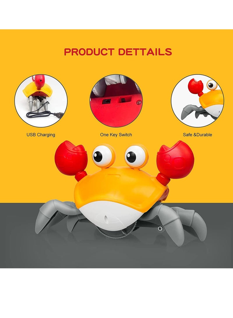 Crawling Crab Baby Toy with Music and LED Light Up for Kids, Toddler Interactive Learning Development Toy with Automatically Avoid Obstacles, Build in Rechargeable Battery (Orange)