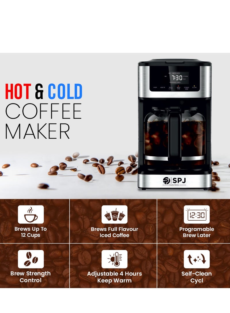 SPJ 1.8L Coffee Maker with 12-Cup Glass Carafe | Hot & Iced Brew, Touch Screen Control, Anti-Drip, Self-Clean, Auto Power-Off – Silver & Black