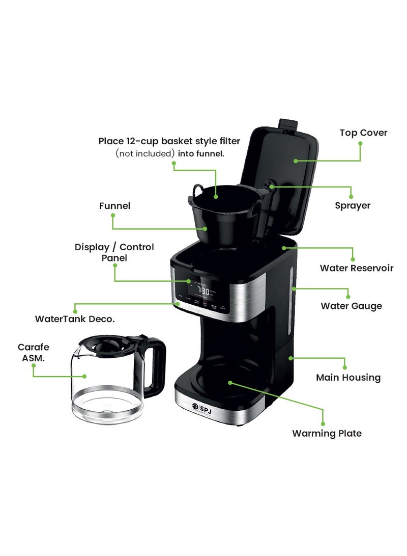 SPJ 1.8L Coffee Maker with 12-Cup Glass Carafe | Hot & Iced Brew, Touch Screen Control, Anti-Drip, Self-Clean, Auto Power-Off – Silver & Black