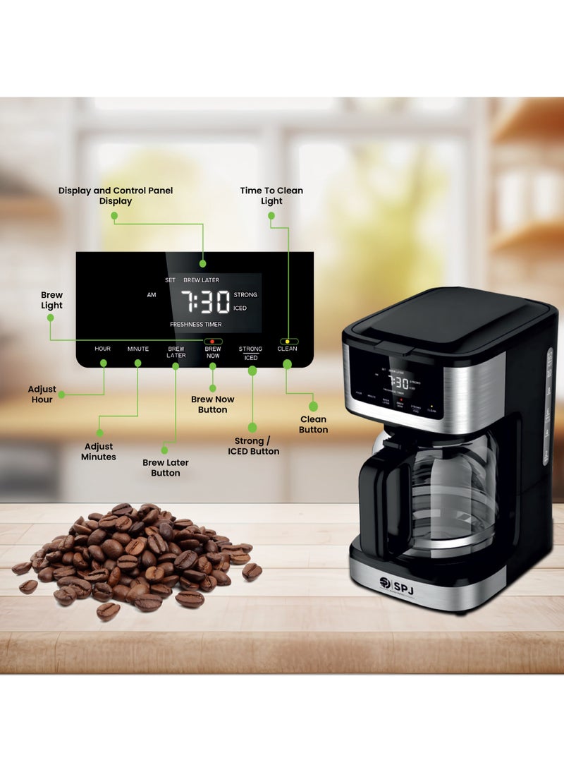 SPJ 1.8L Coffee Maker with 12-Cup Glass Carafe | Hot & Iced Brew, Touch Screen Control, Anti-Drip, Self-Clean, Auto Power-Off – Silver & Black