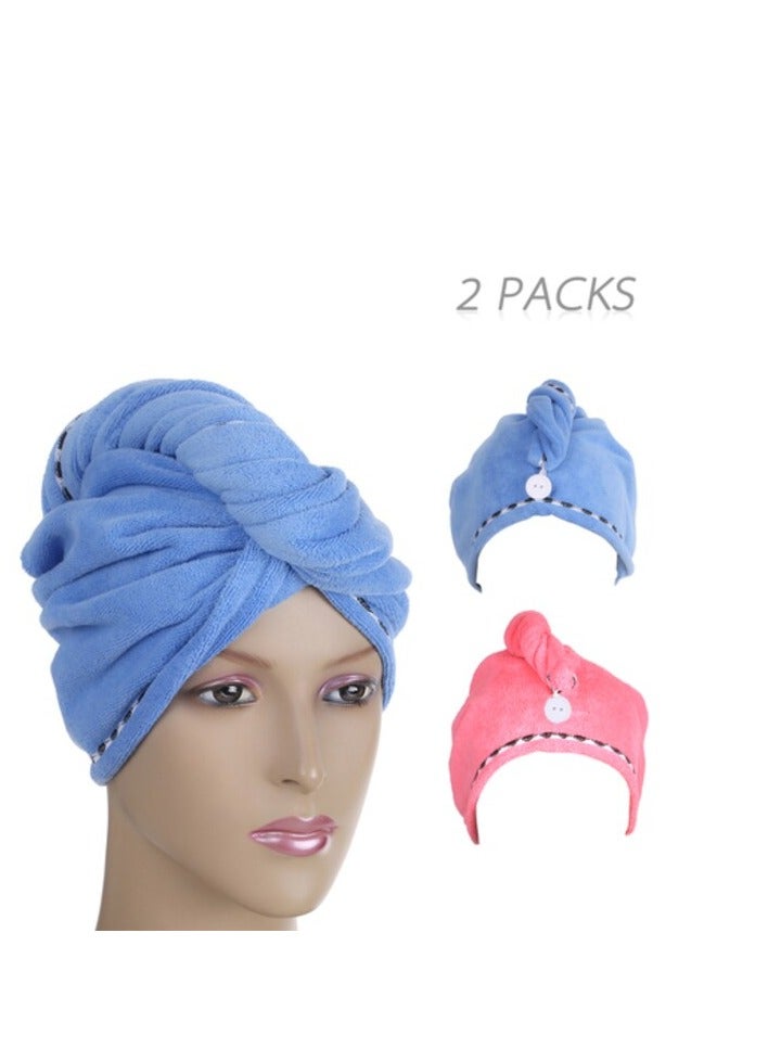 Htovila-2pcs Soft Microfiber Quick Dry Hair Drying Towels Water-Absorbent Dry Hair Cap Bath Shower Wrap Turban Towel with Button for All Hair Types and Lengths