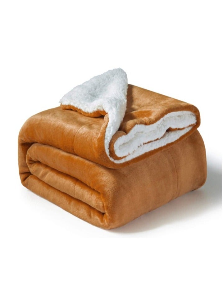 Sherpa Blanket Single Size Twin Plush Throw Bed Blanket, 160X220cm, Flannel Fleece Reversible Lamb Blanket, Golden Beige