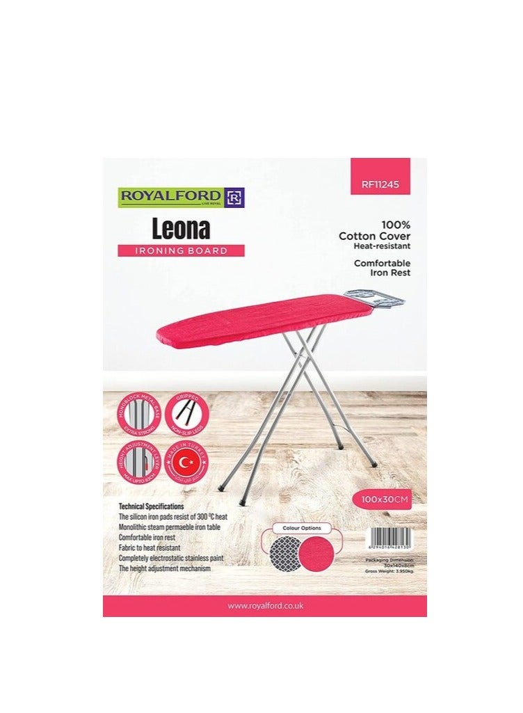 Royalford Leona Ironing Board RF11245 Iron Table With Adjustable Height Mechanism Heat Resistant Cotton Cover Monoblock Metal Base Non Slip Legs And Iron Rest 100X30 cm, Multicolor