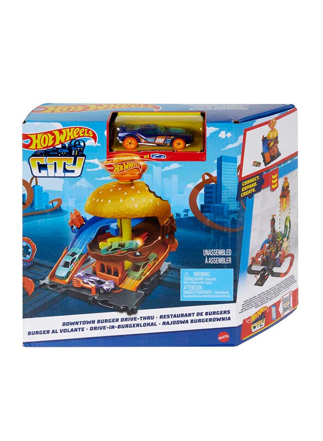 City Burger Drive-Thru Playset With 1   Vehicle, Connects To Other Playsets & Tracks, Gift For Kids Ages 4 To 8 Years Old